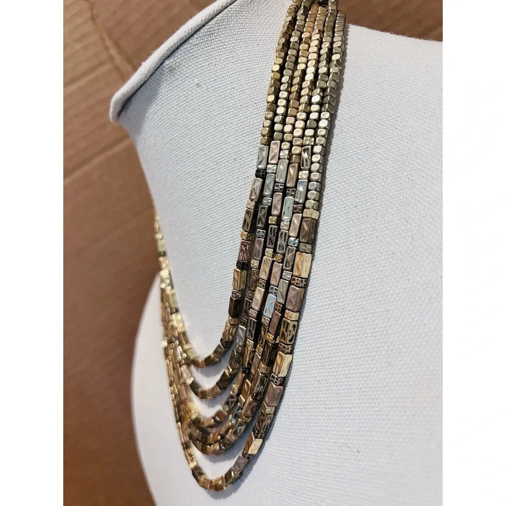Chico's Vintage Gold Tone Multi Strand Statement Necklace Textured Block Bead